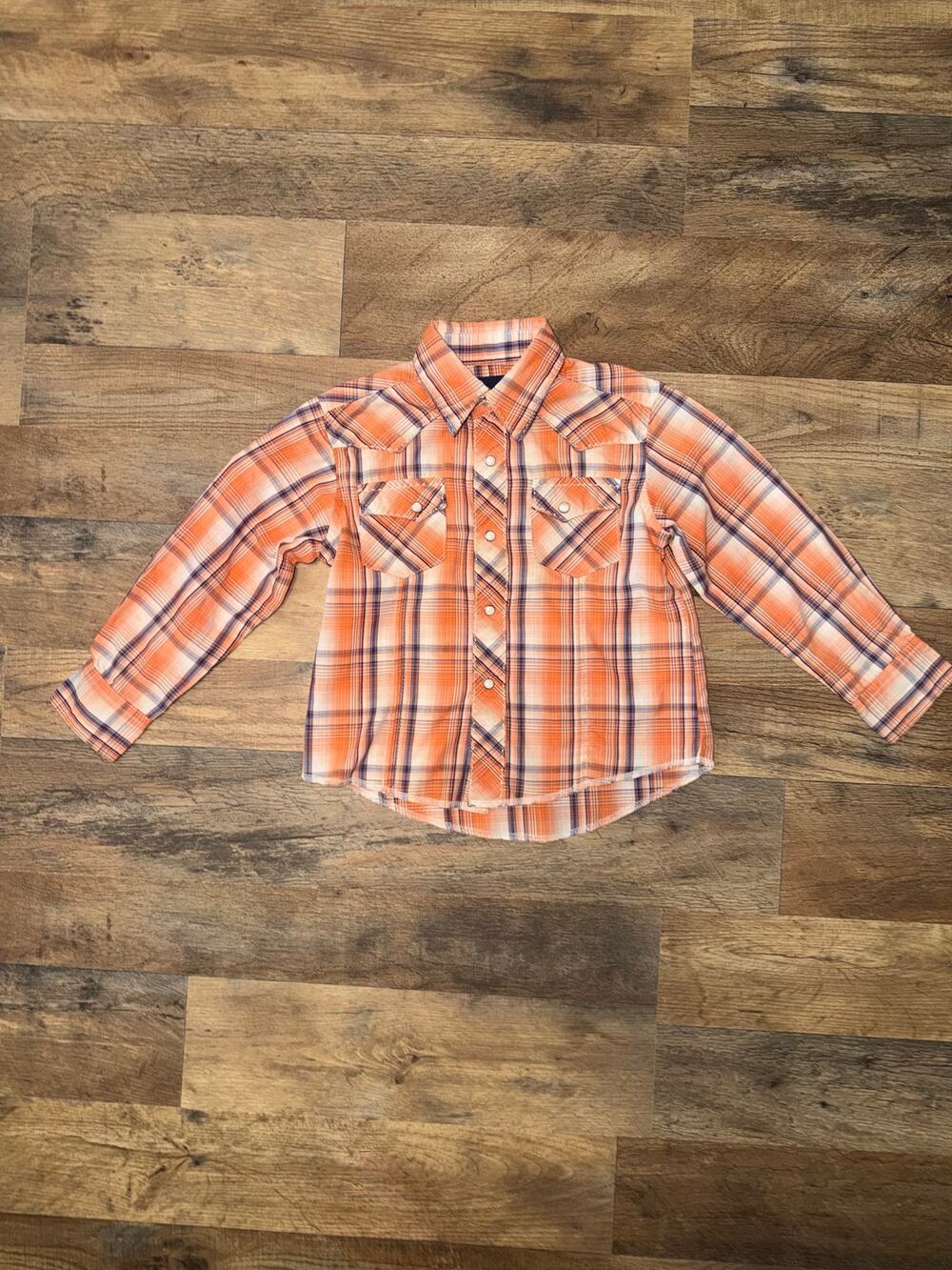 Wrangler kids pearl snap long sleeve orange, blue, white western shirt